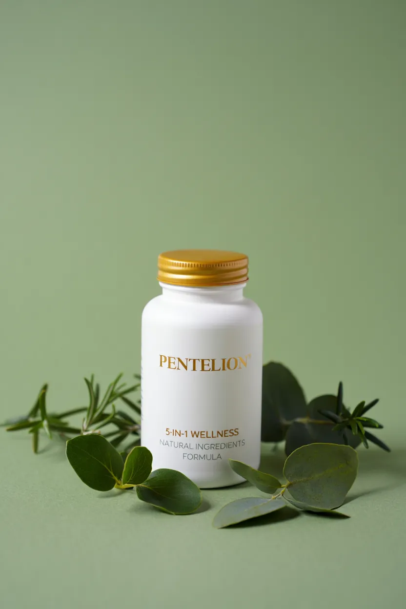Pentelion 5-in-1 wellness supplement bottle with natural ingredients